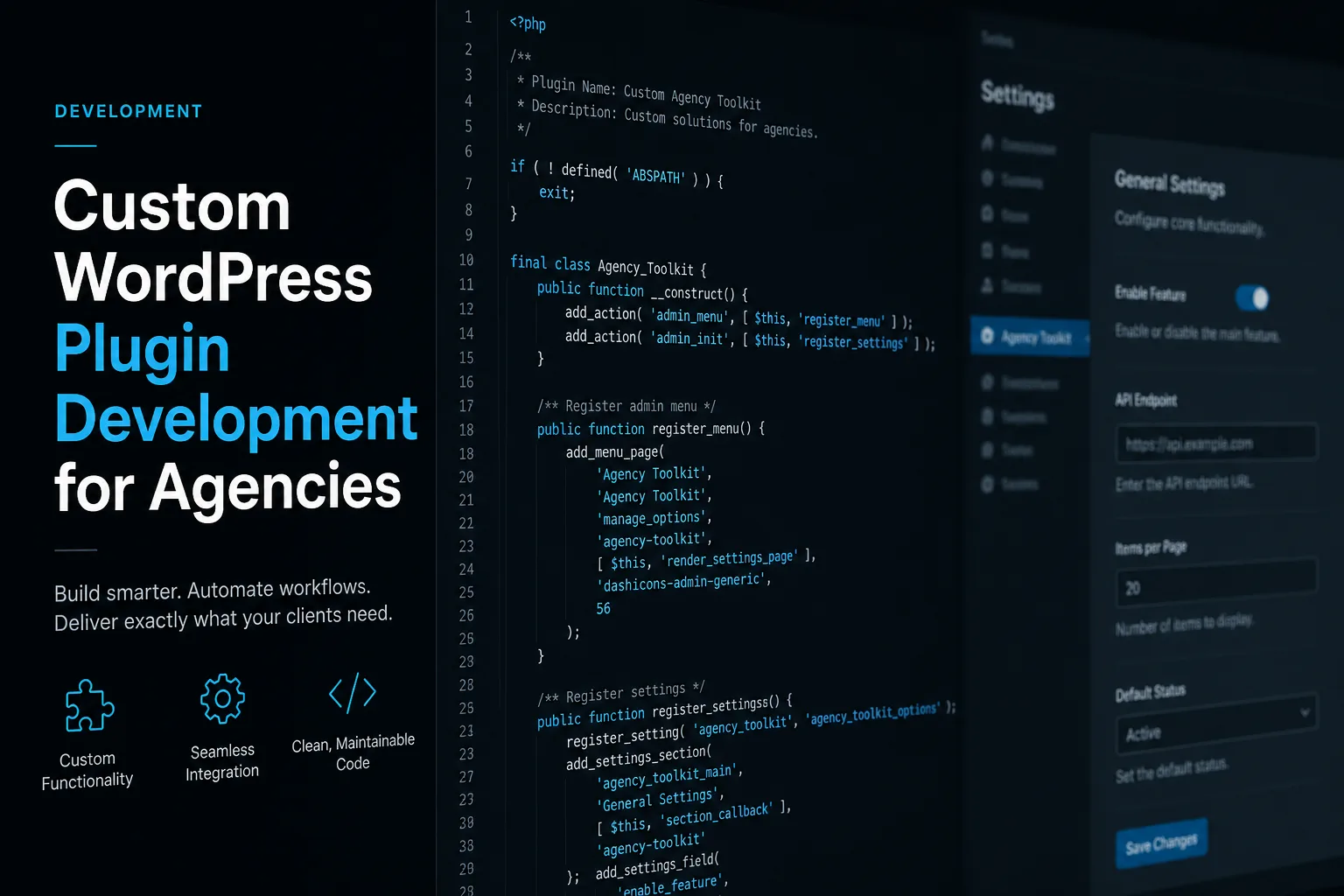 Code editor view representing custom WordPress plugin development for agencies